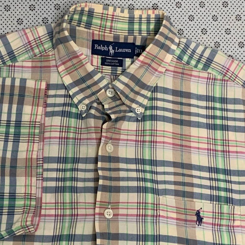 Ralph Lauren Greggor Plaid VTG Short Sleeve Button Down Shirt Men XL 100% Cotton